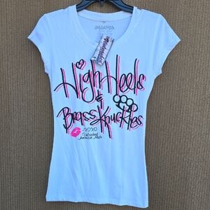 High Heels & Brass Knuckles White Tee with Pink Graphics